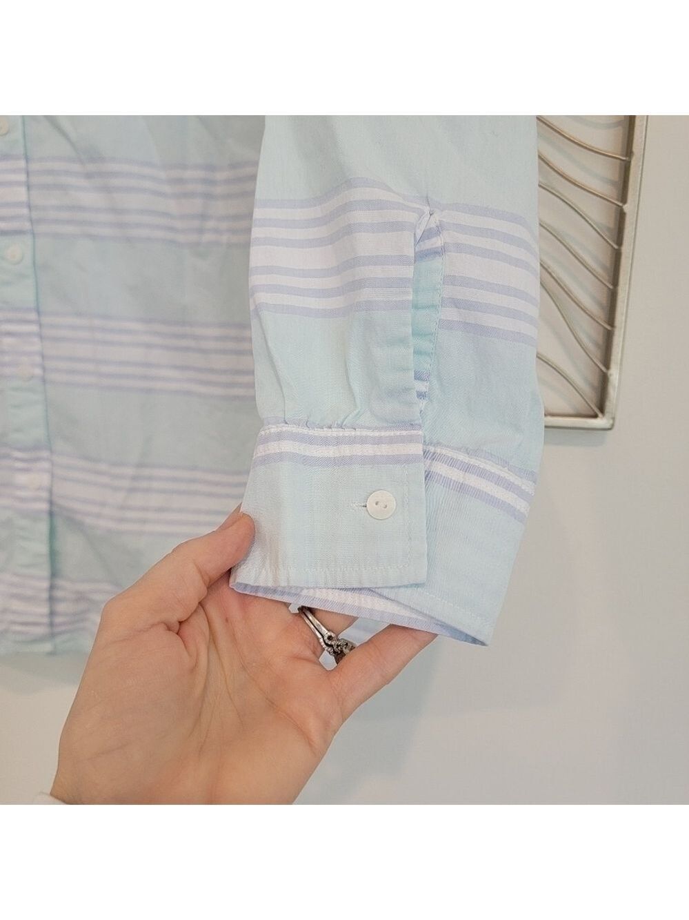 L.L. Bean Cotton Mint Green Light Blue Striped Button Down Shirt Size Large - Picture 5 of 11